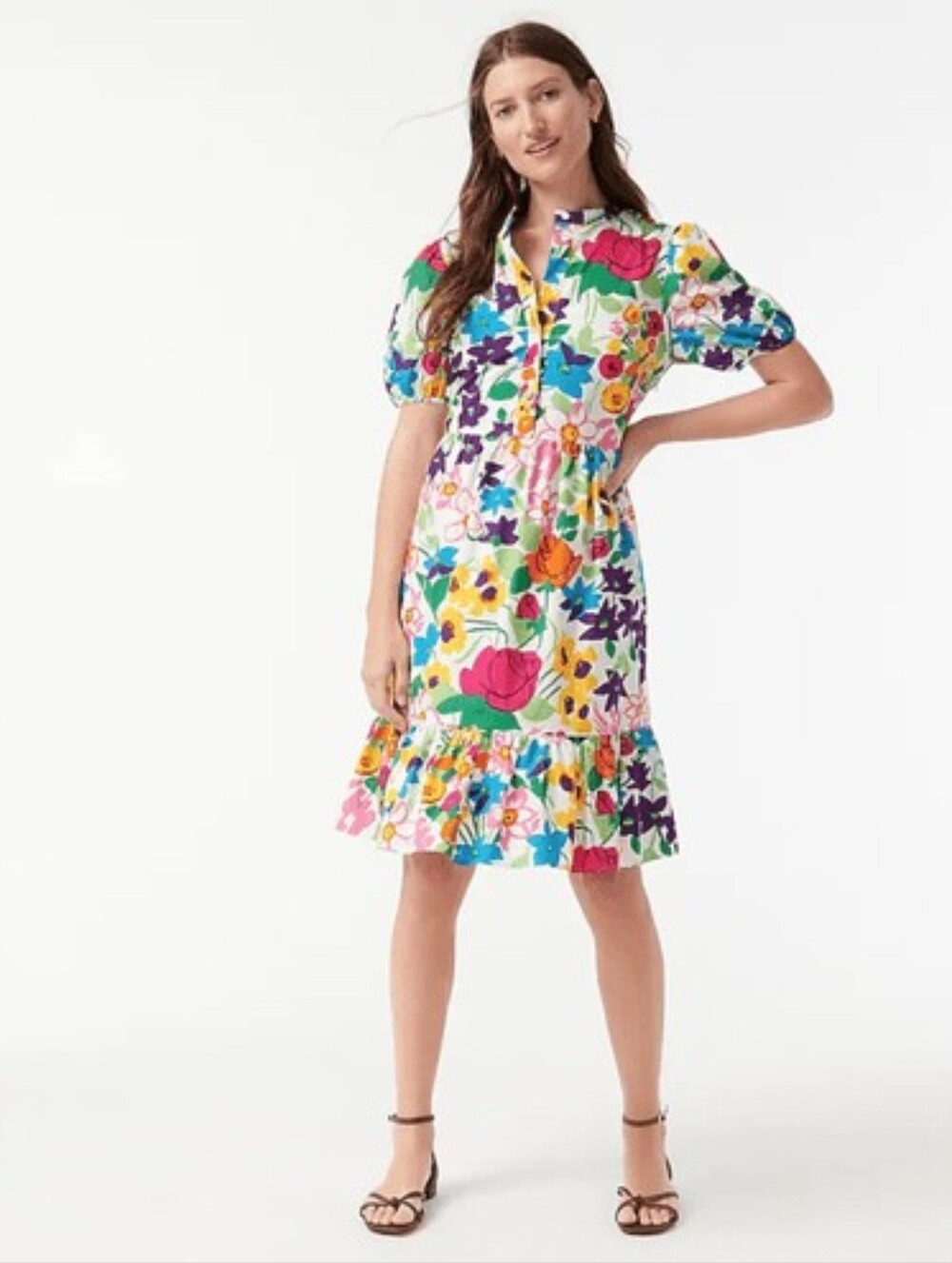 J.Crew Puff-sleeve Dress in Vibrant Garden‎ Print Floral Cotton AW801 Size 2